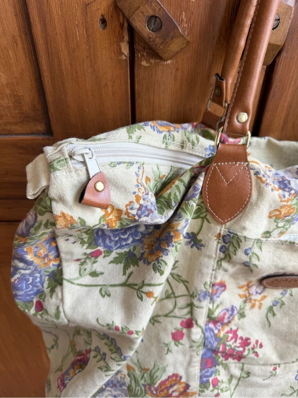 Vintage Cotton Overnight Duffle Bag Cream Floral Tote